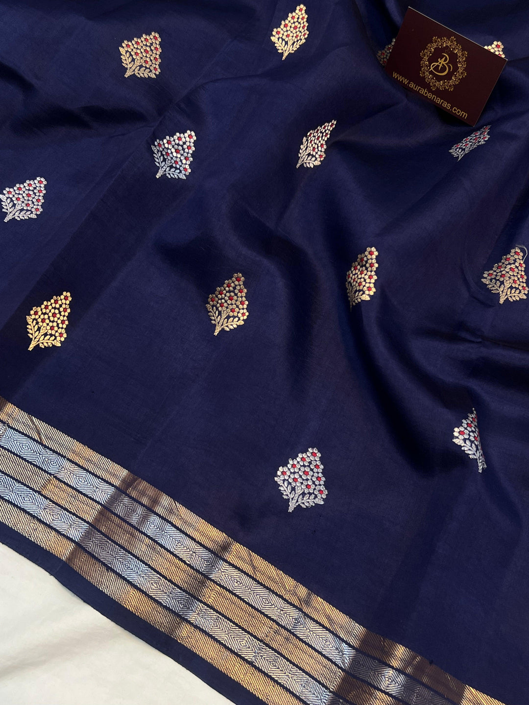 Navy Blue Pure Banarasi Handloom Silk Saree - Aura Benaras