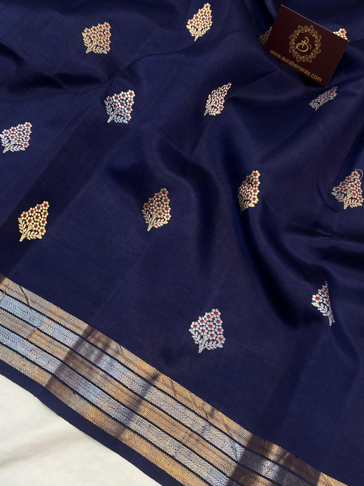 Navy Blue Pure Banarasi Handloom Silk Saree - Aura Benaras