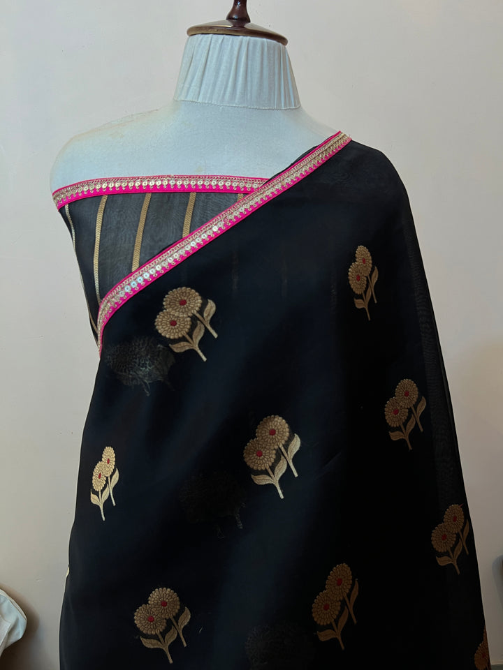 Black Pure Kora Silk Handloom Banarasi Saree