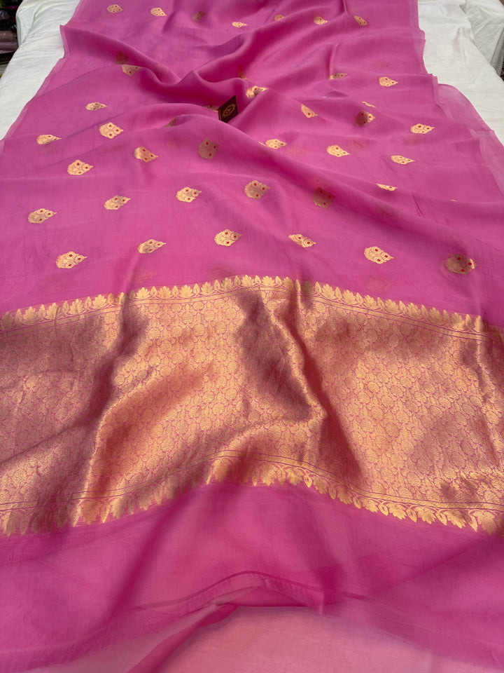 Pink Lavender Pure Kora Silk Handloom Banarasi Saree