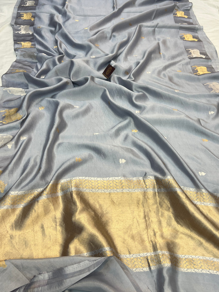 Light Blueish Grey Pure Katan Silk Banarasi Handloom Saree