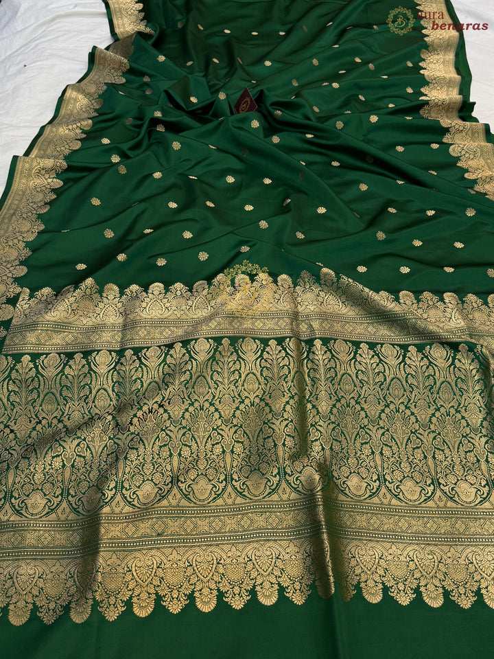 Bottle Green Pure Banarasi Handloom Mashru Silk Saree