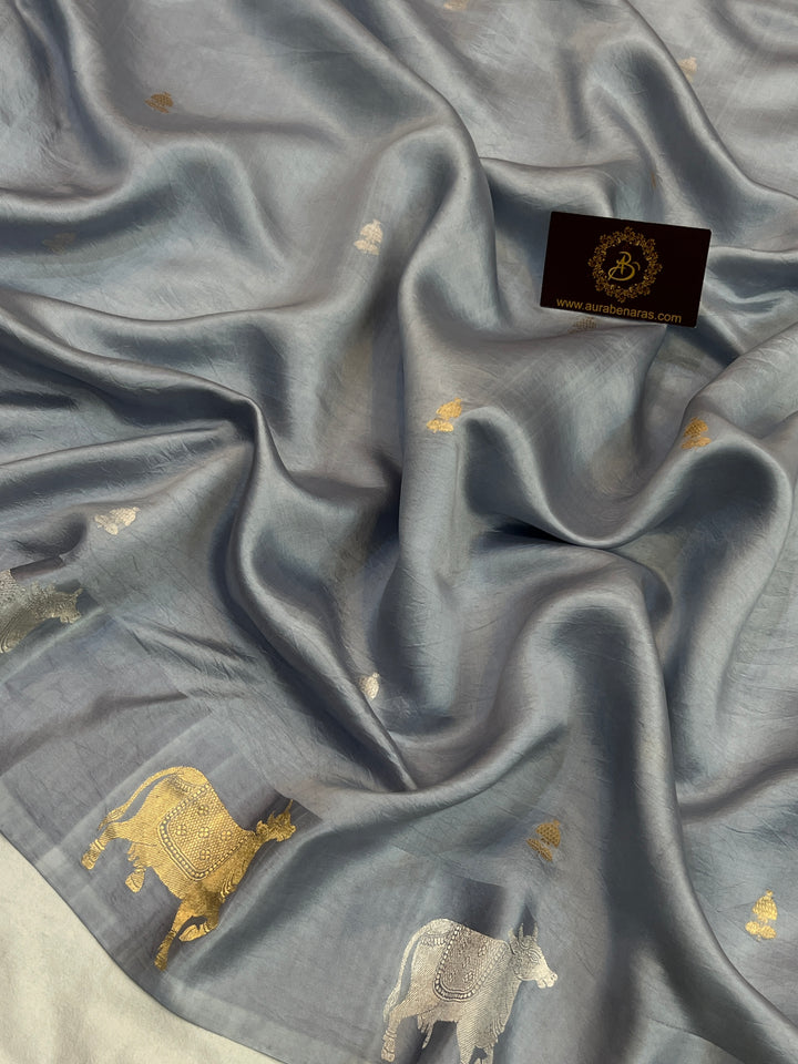 Light Blueish Grey Pure Katan Silk Banarasi Handloom Saree