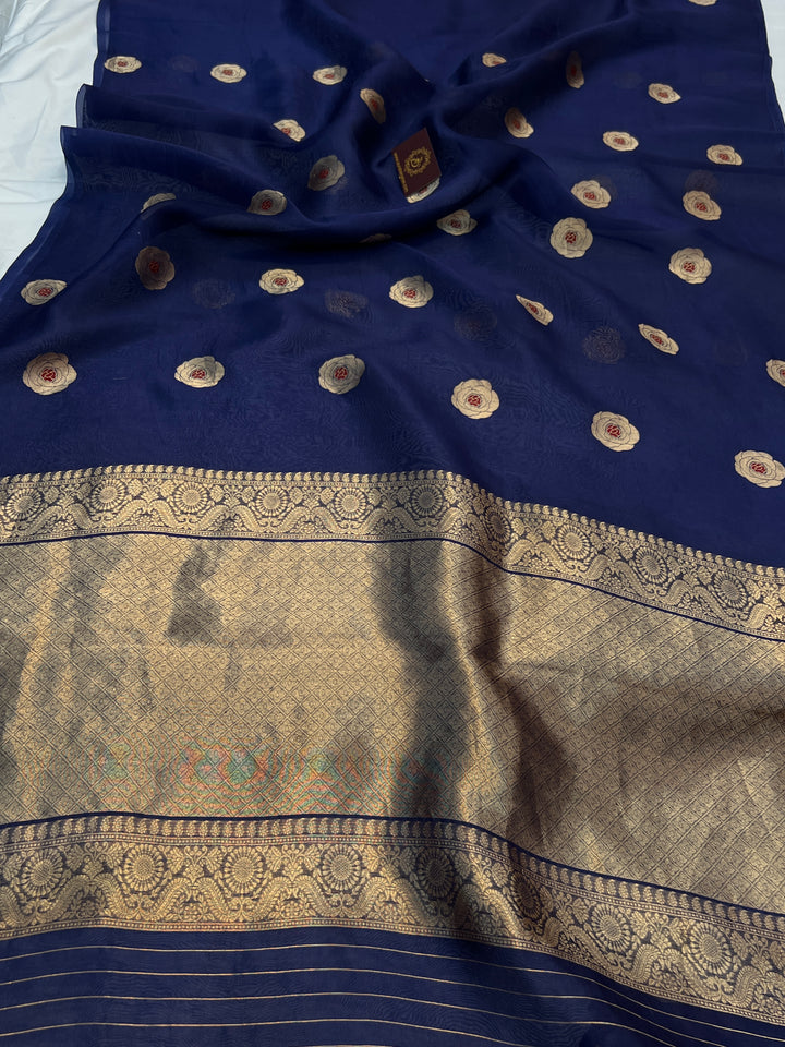 Navy Pure Kora Silk Handloom Banarasi Saree