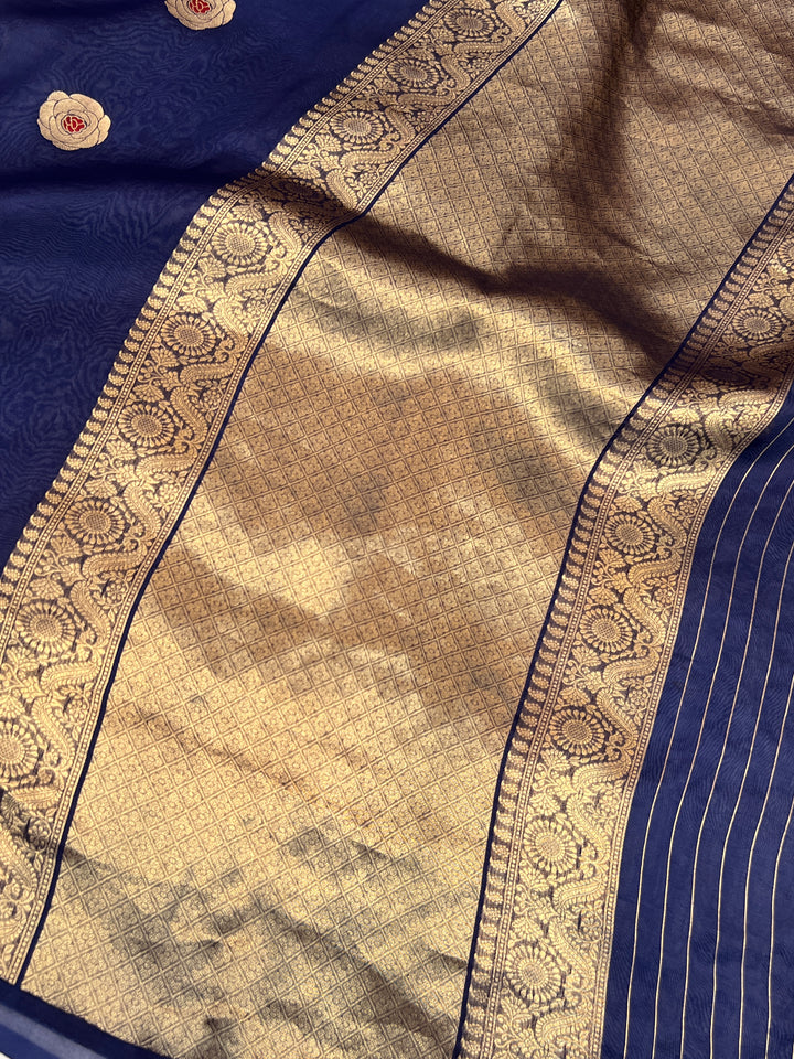 Navy Pure Kora Silk Handloom Banarasi Saree