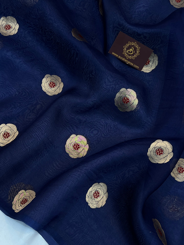 Navy Pure Kora Silk Handloom Banarasi Saree