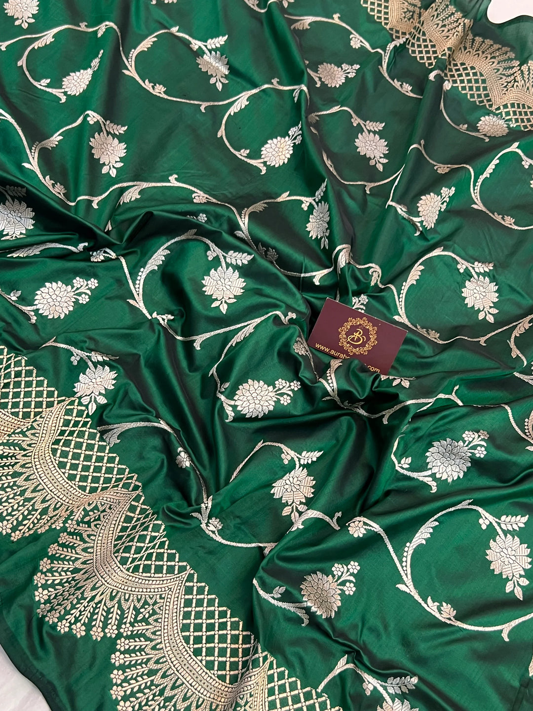 Bottle Green Pure Katan Silk Banarasi Saree with Kadhwa Jaal Design