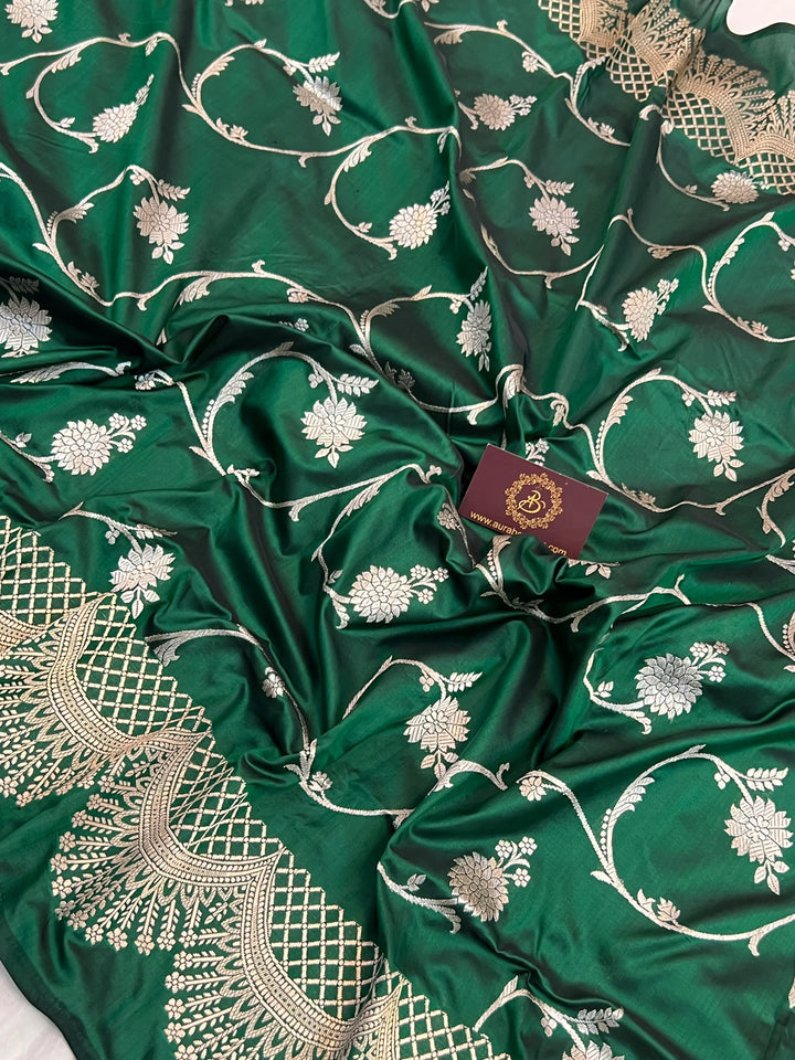 Bottle Green Pure Katan Silk Banarasi Saree with Kadhwa Jaal Design