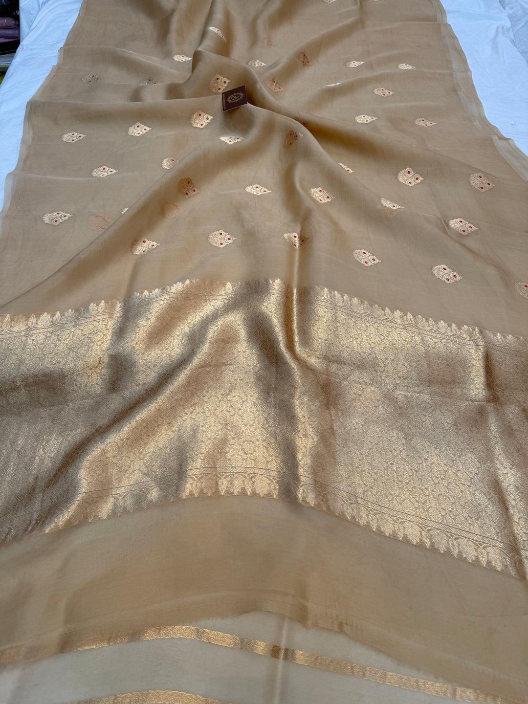 Beige Pure Kora Silk Handloom Banarasi Saree