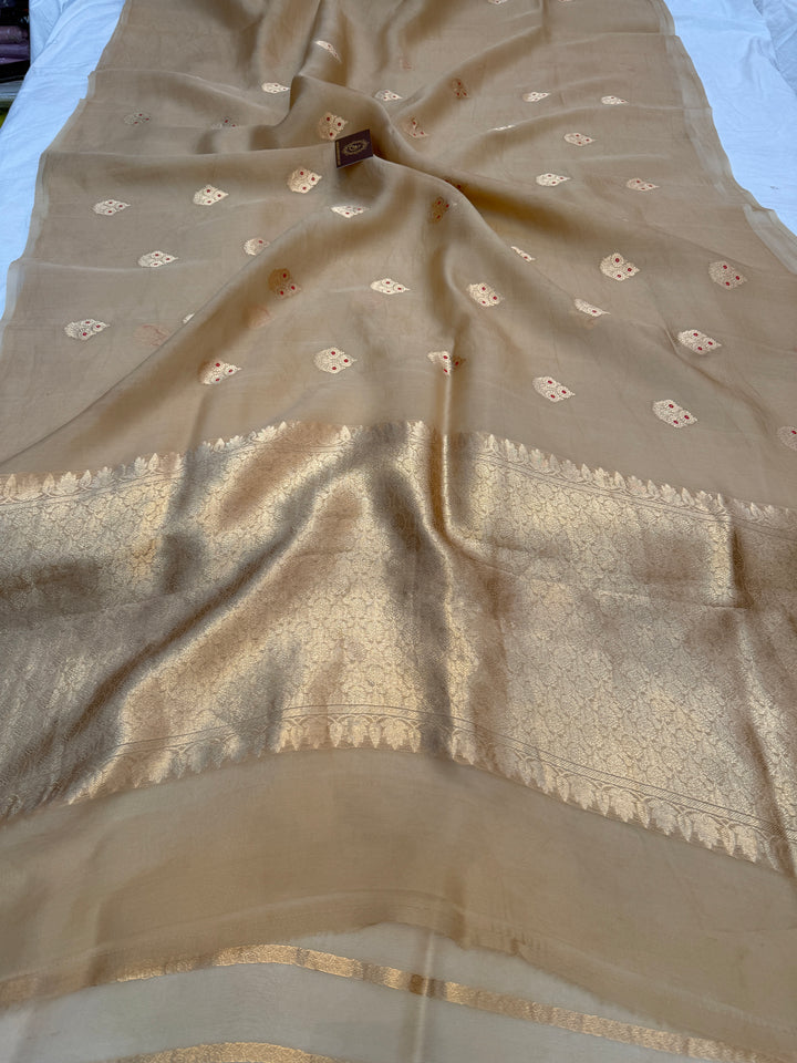 Beige Pure Kora Silk Handloom Banarasi Saree