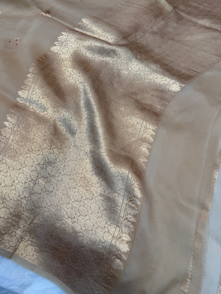 Beige Pure Kora Silk Handloom Banarasi Saree