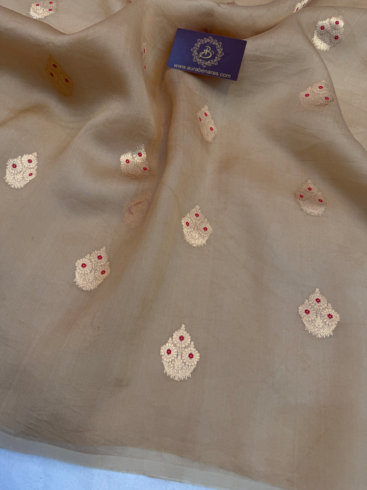 Beige Pure Kora Silk Handloom Banarasi Saree