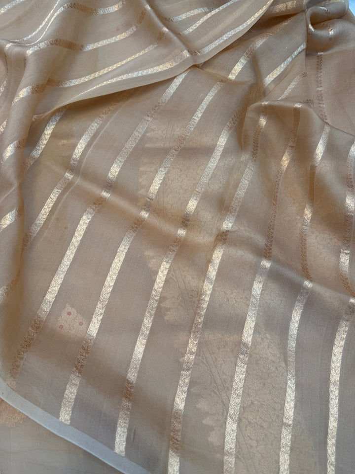 Beige Pure Kora Silk Handloom Banarasi Saree