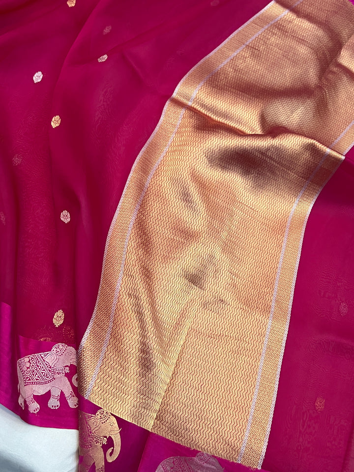 Rani pink Pure Kora Silk Handloom Banarasi Saree