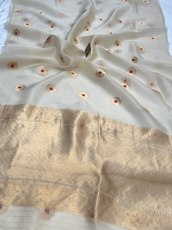 Off White Pure Kora Silk Handloom Banarasi Saree