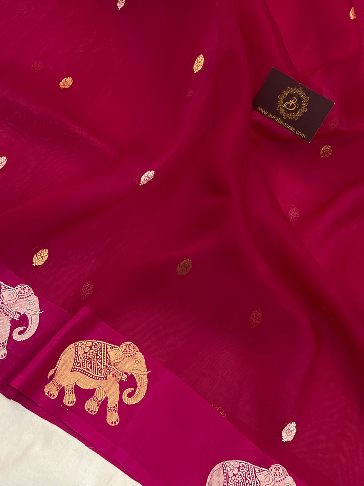 Rani pink Pure Kora Silk Handloom Banarasi Saree