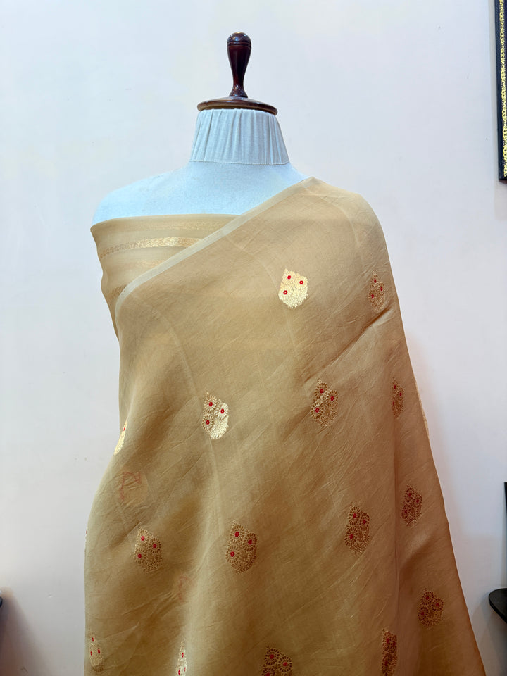 Beige Pure Kora Silk Handloom Banarasi Saree