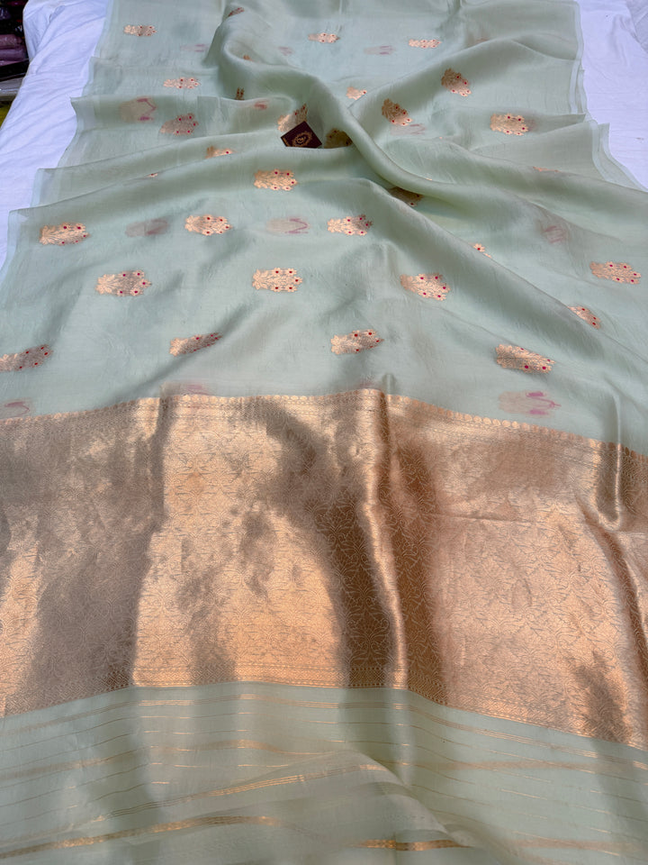 Sage Blue Pure Kora Silk Handloom Banarasi Saree