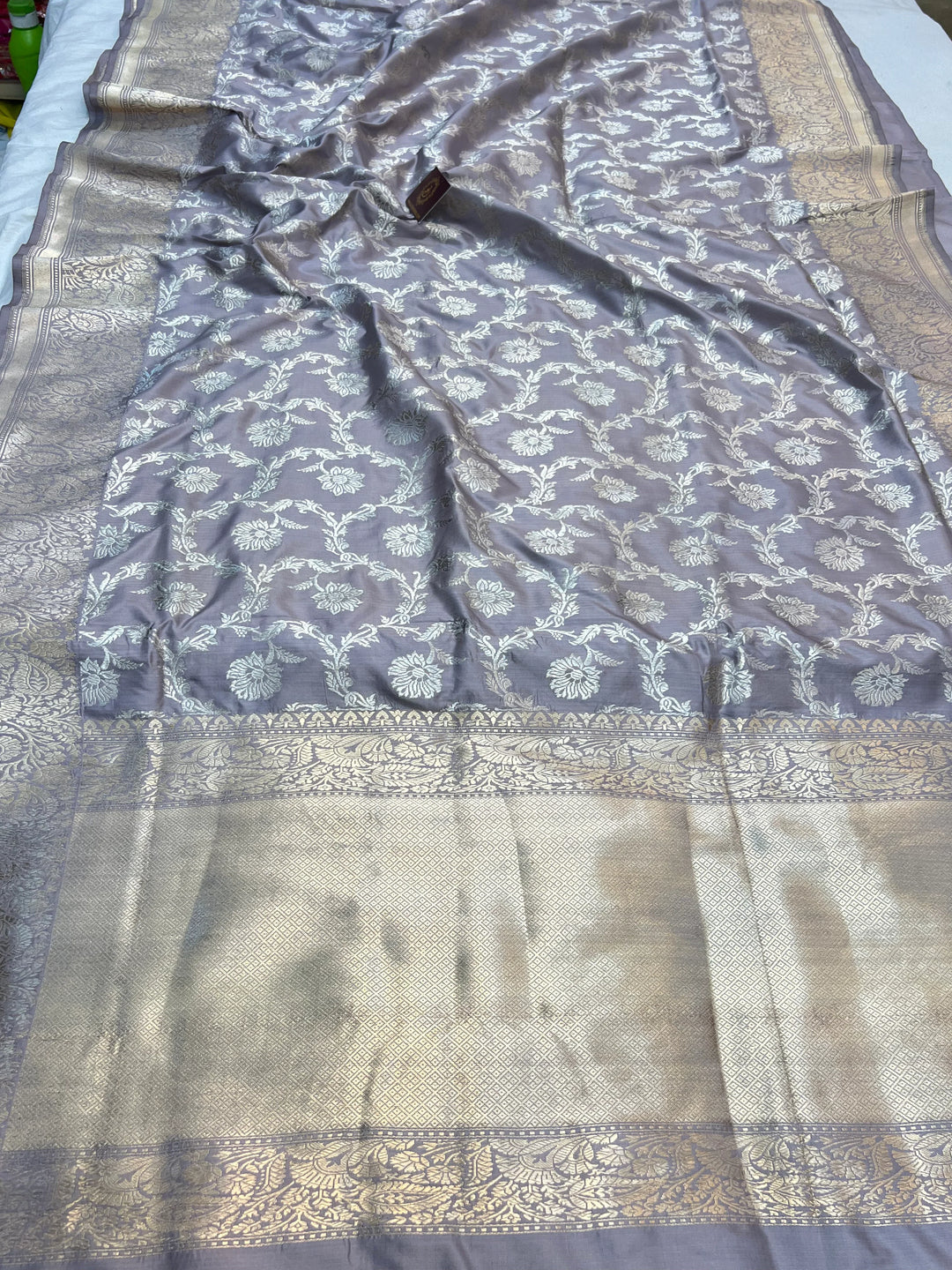 Grey Pure Katan Silk Banarasi Saree with Kadhwa Jaal Floral Design
