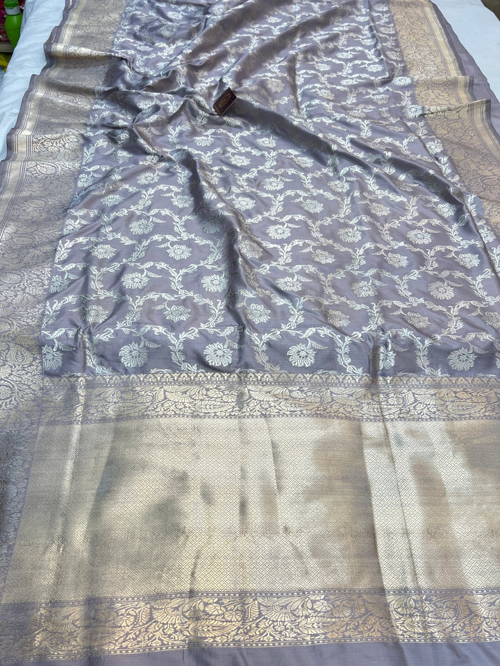 Grey Pure Katan Silk Banarasi Saree with Kadhwa Jaal Floral Design