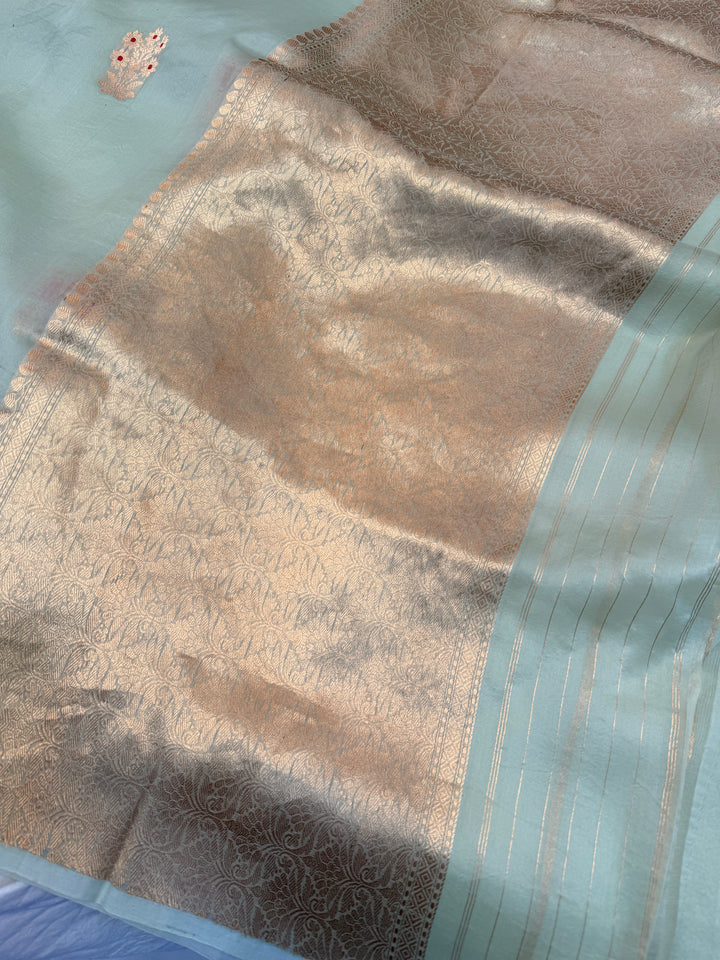 Sage Blue Pure Kora Silk Handloom Banarasi Saree