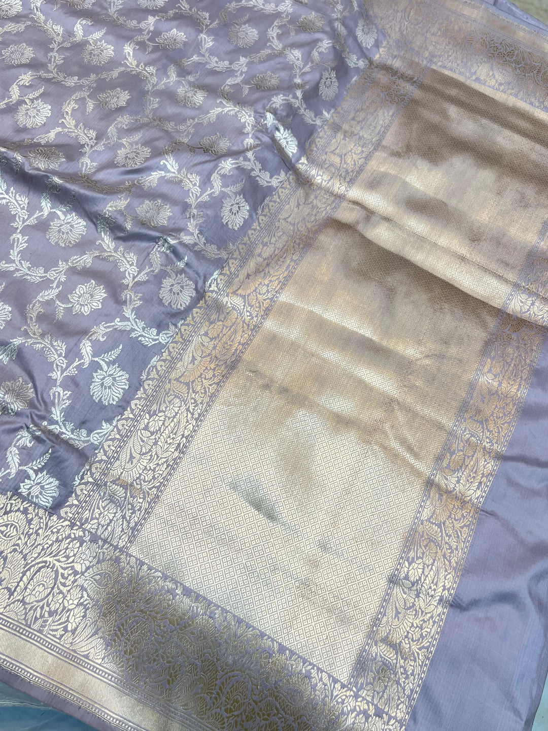 Grey Pure Katan Silk Banarasi Saree with Kadhwa Jaal Floral Design