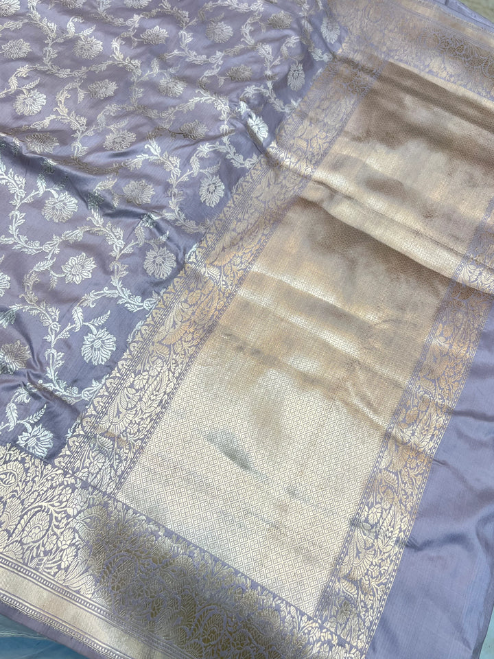 Grey Pure Katan Silk Banarasi Saree with Kadhwa Jaal Floral Design