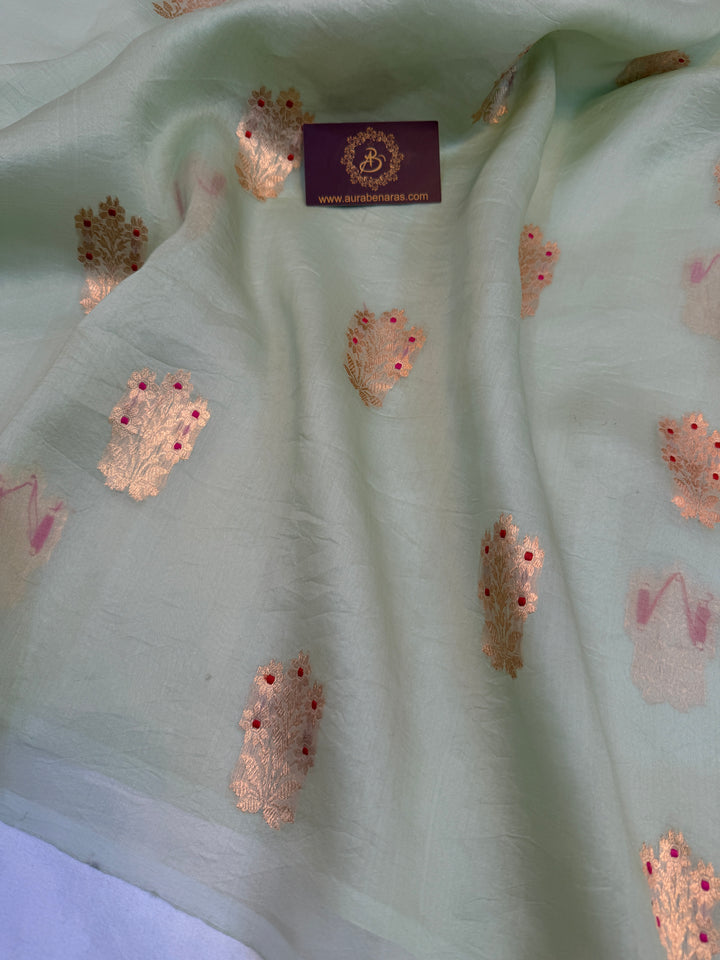 Sage Blue Pure Kora Silk Handloom Banarasi Saree