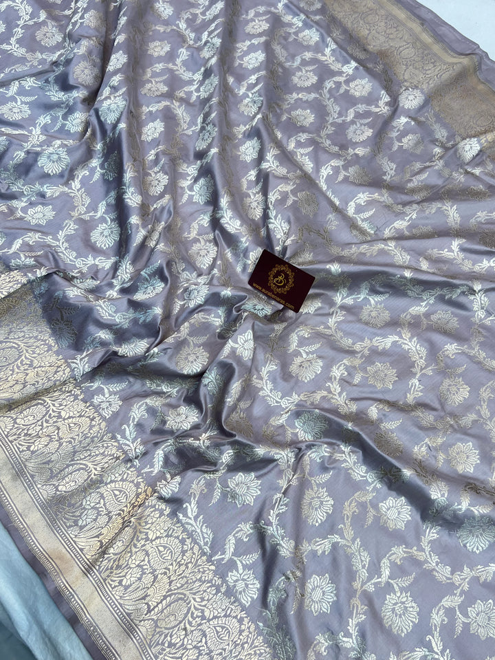 Grey Pure Katan Silk Banarasi Saree with Kadhwa Jaal Floral Design