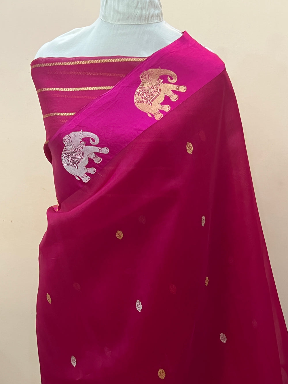 Rani pink Pure Kora Silk Handloom Banarasi Saree