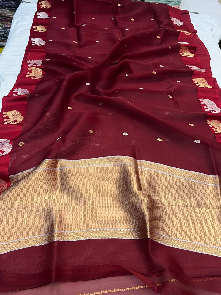 Maroon Pure Kora Silk Handloom Banarasi Saree