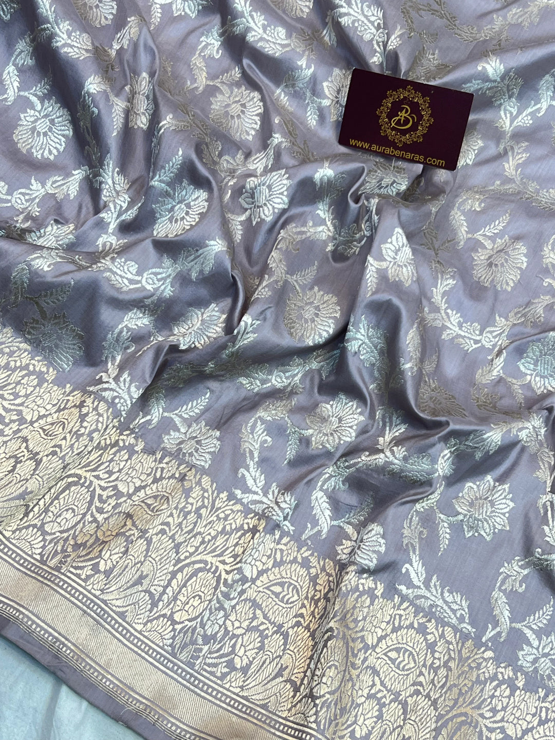 Grey Pure Katan Silk Banarasi Saree with Kadhwa Jaal Floral Design