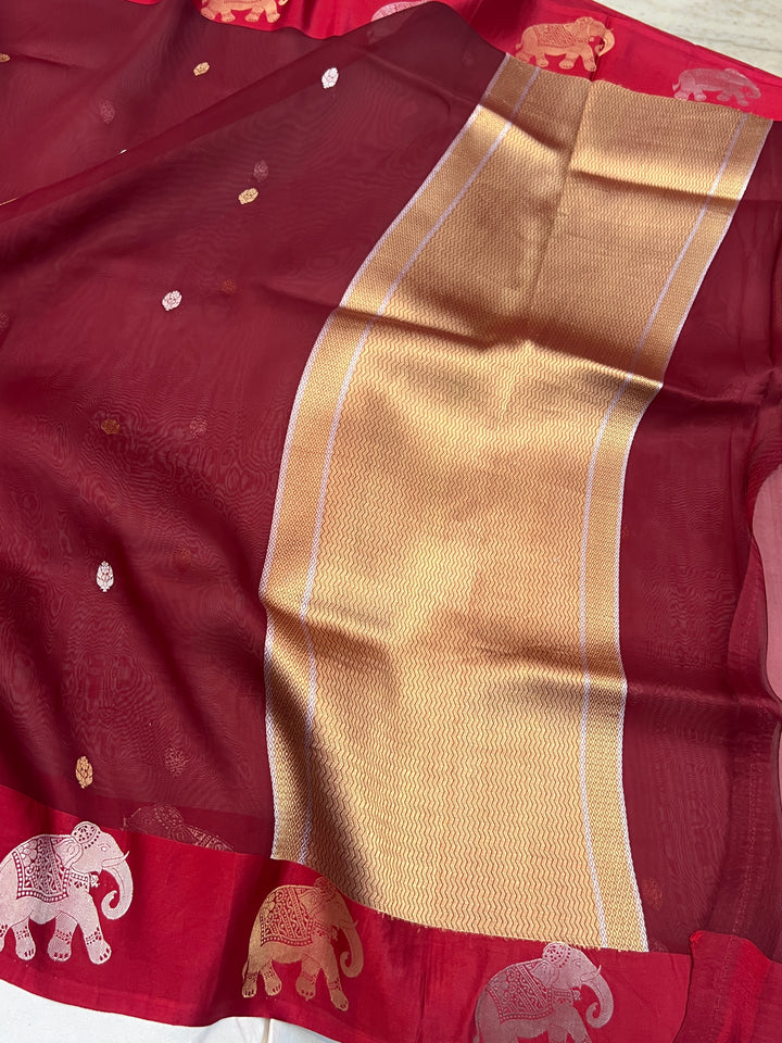Maroon Pure Kora Silk Handloom Banarasi Saree