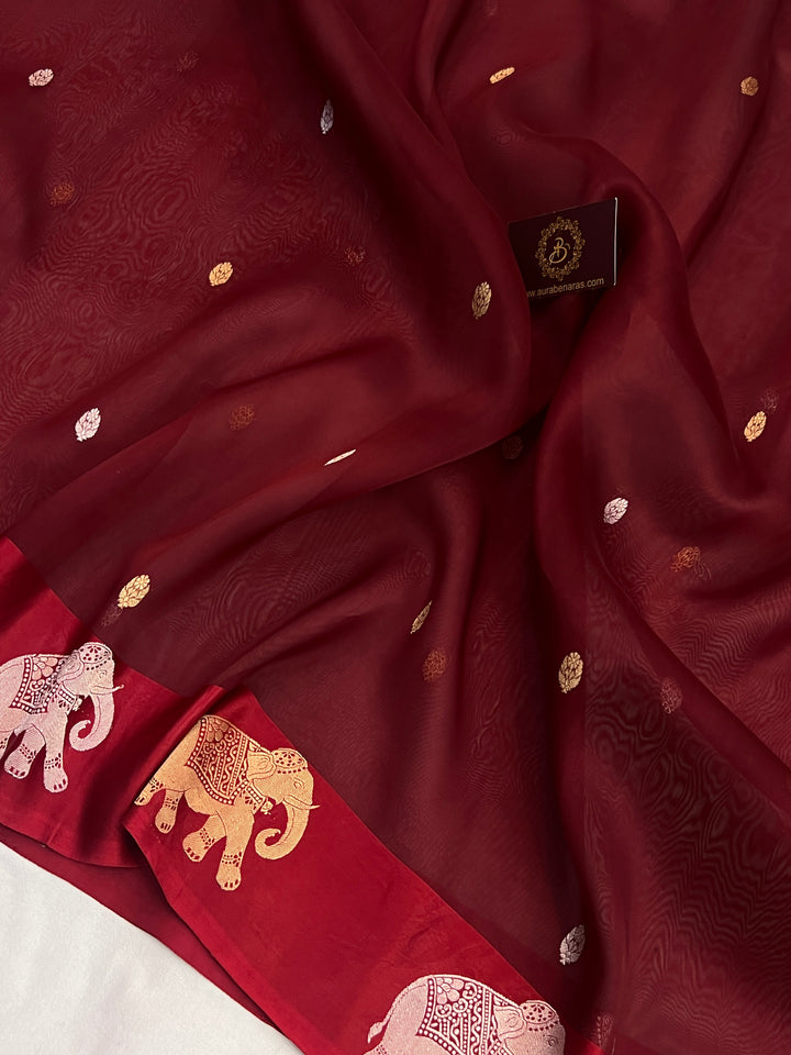 Maroon Pure Kora Silk Handloom Banarasi Saree