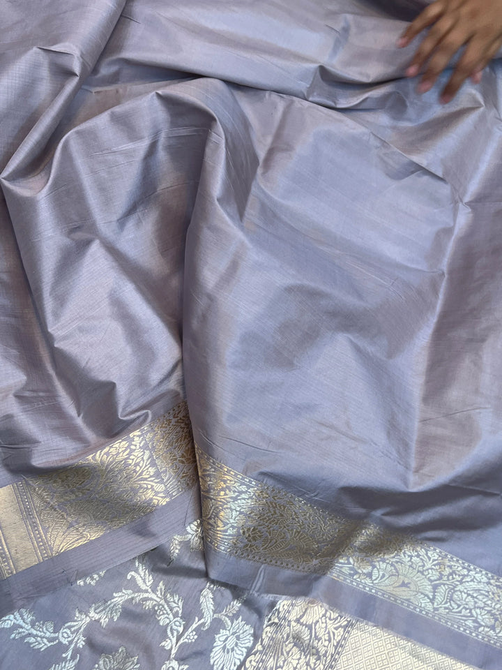 Grey Pure Katan Silk Banarasi Saree with Kadhwa Jaal Floral Design