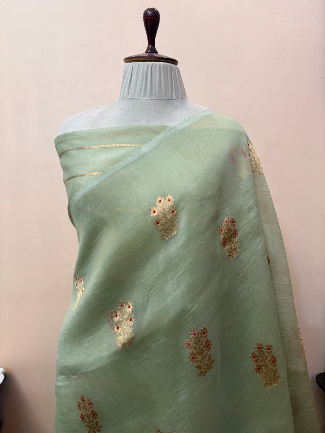Sage Blue Pure Kora Silk Handloom Banarasi Saree
