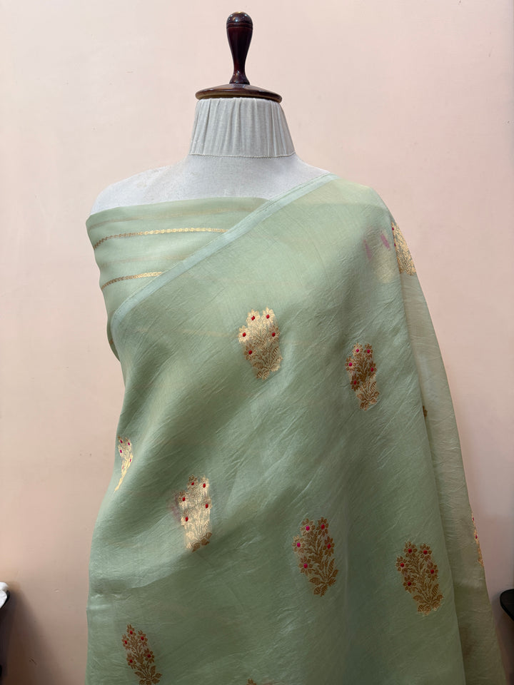 Sage Blue Pure Kora Silk Handloom Banarasi Saree