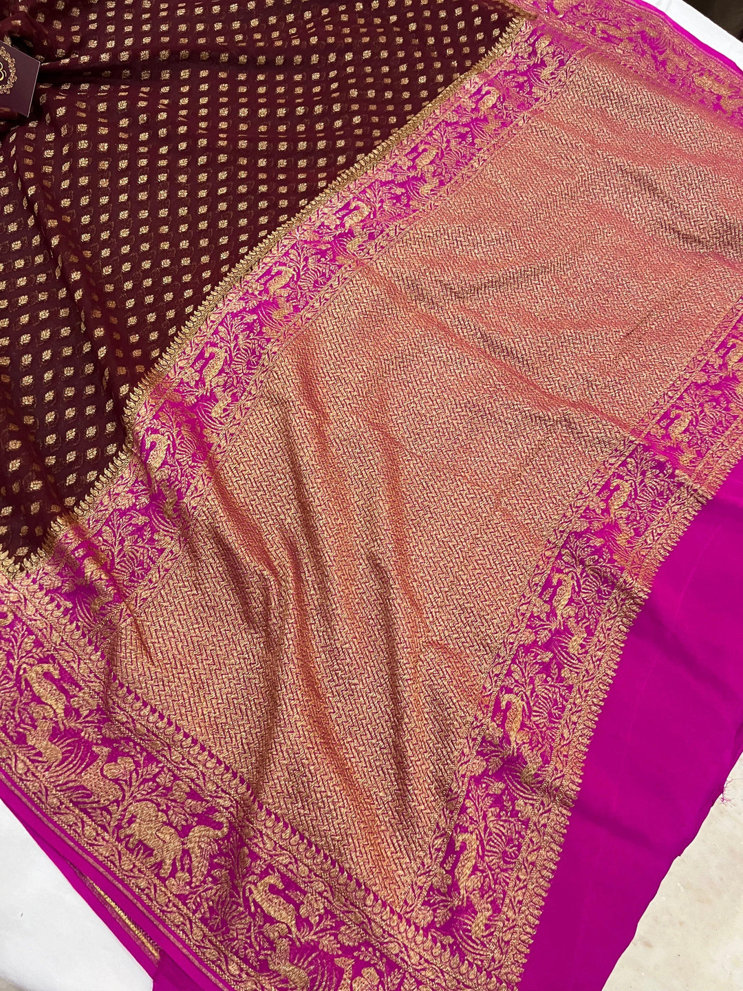 Coffee Brown Banarasi Handloom Pure Khaddi Georgette Saree - Aura Benaras