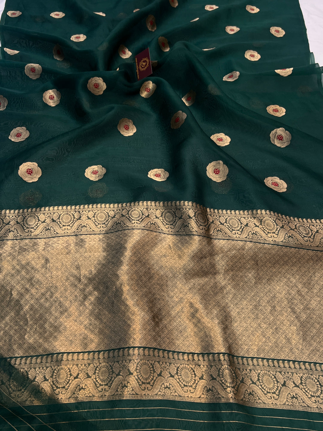 Bottle Green Pure Kora Silk Handloom Banarasi Saree