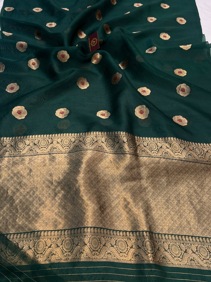 Bottle Green Pure Kora Silk Handloom Banarasi Saree