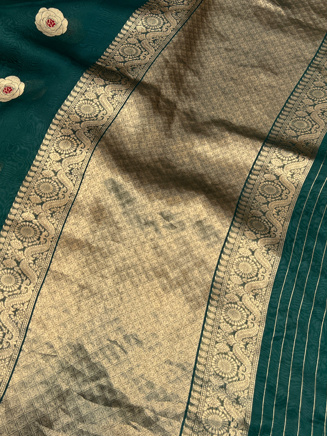 Bottle Green Pure Kora Silk Handloom Banarasi Saree