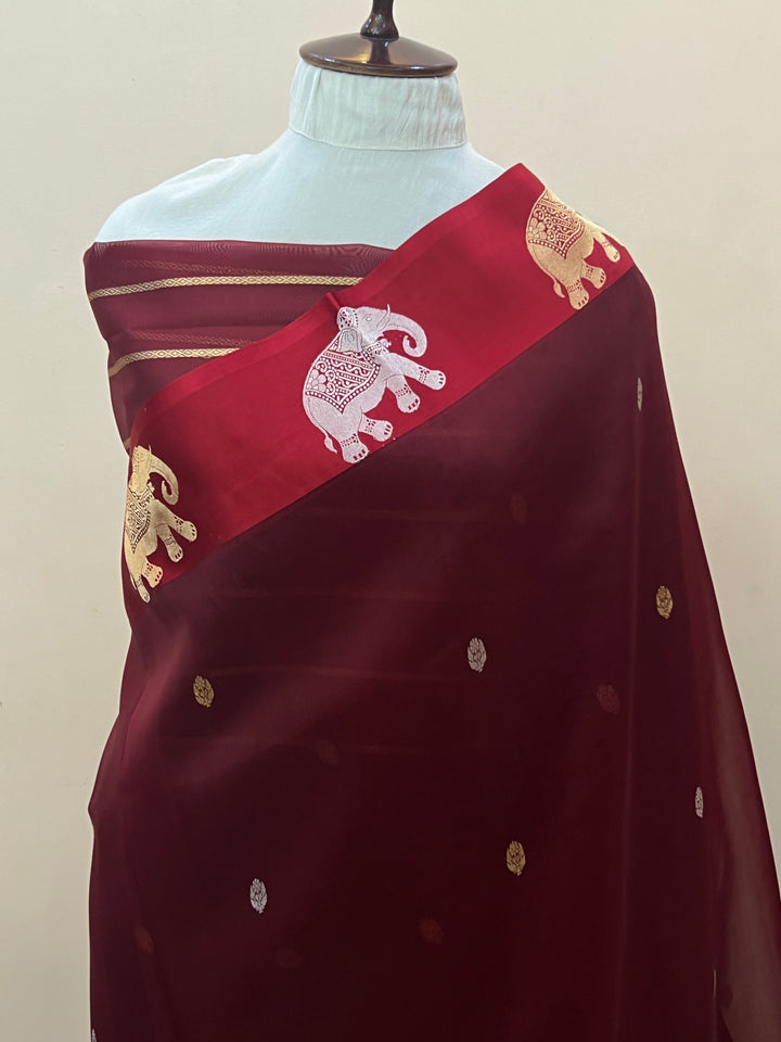 Maroon Pure Kora Silk Handloom Banarasi Saree