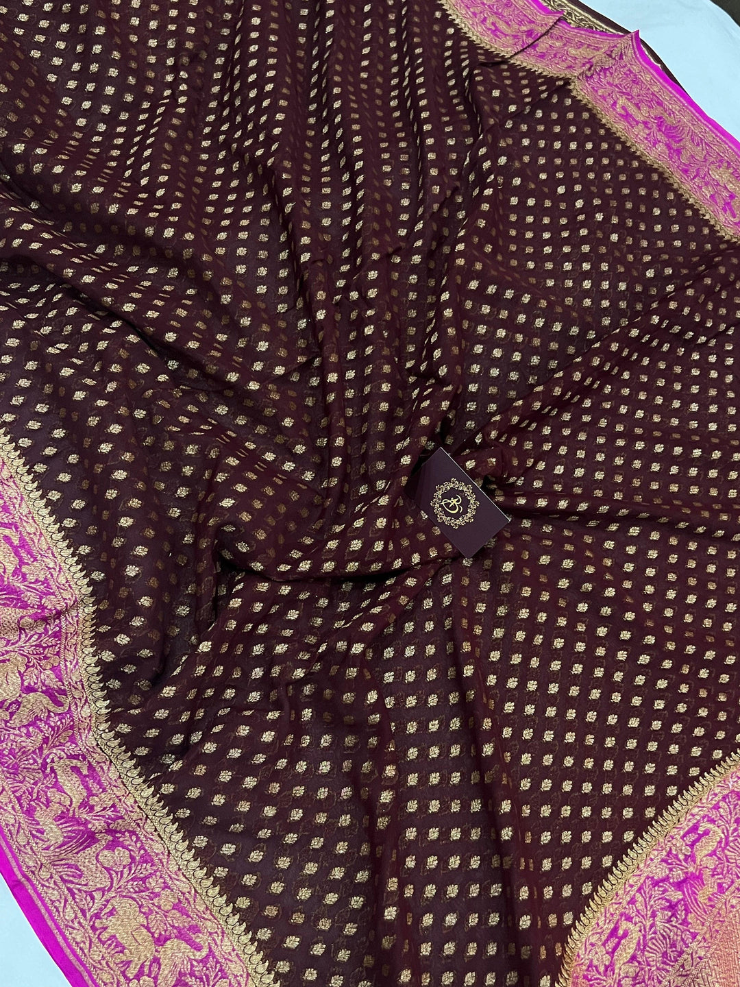 Coffee Brown Banarasi Handloom Pure Khaddi Georgette Saree - Aura Benaras