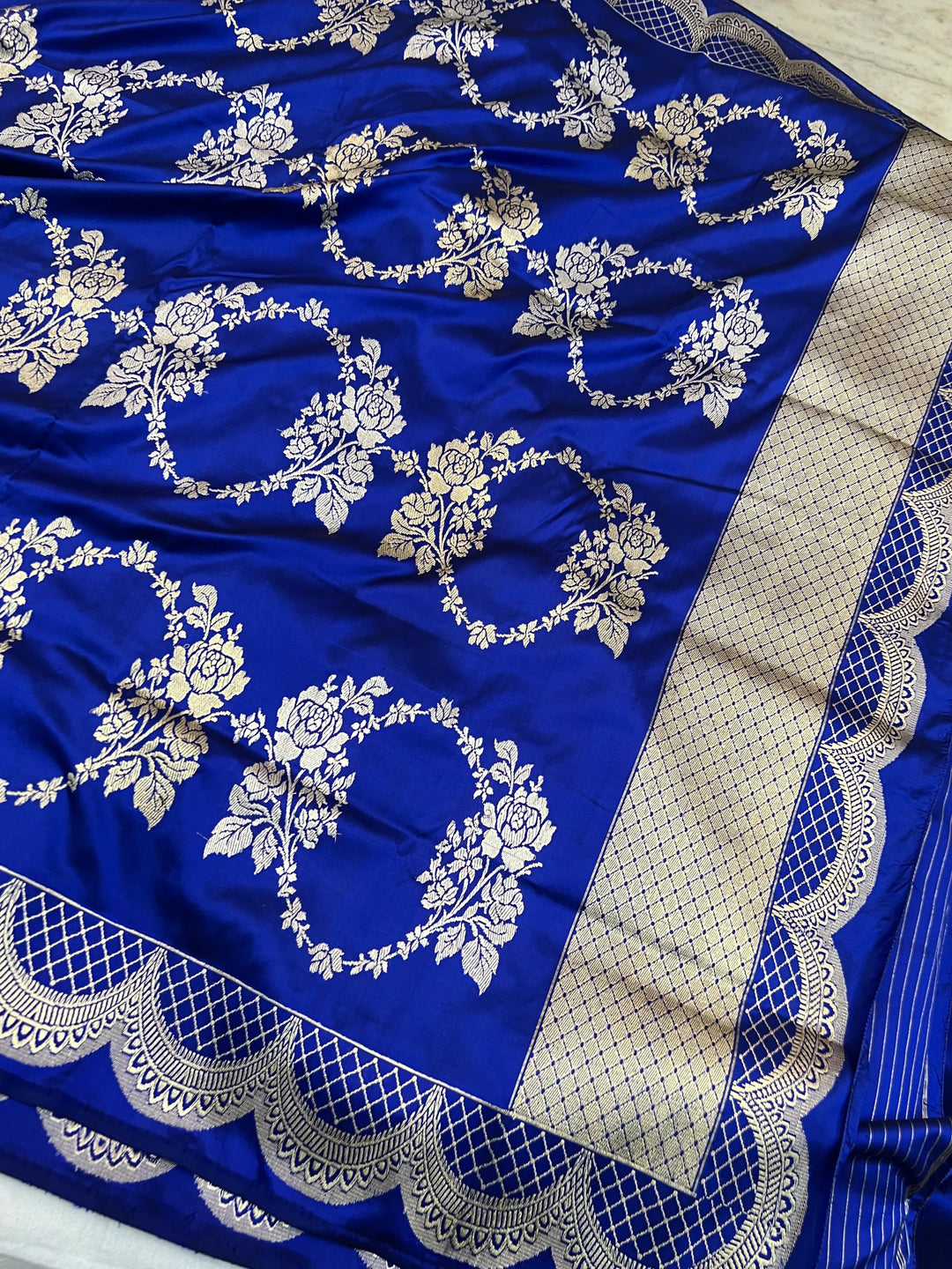Royal Blue Pure Katan Silk Banarasi Saree with Kadhwa Floral Butas
