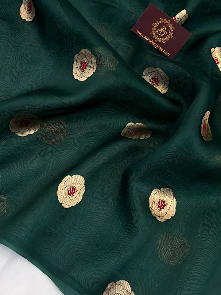 Bottle Green Pure Kora Silk Handloom Banarasi Saree