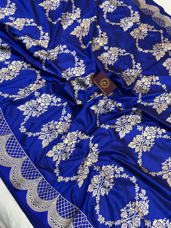 Royal Blue Pure Katan Silk Banarasi Saree with Kadhwa Floral Butas