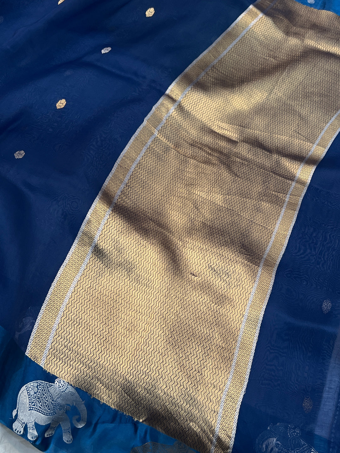 Teal Blue Pure Kora Silk Handloom Banarasi Saree