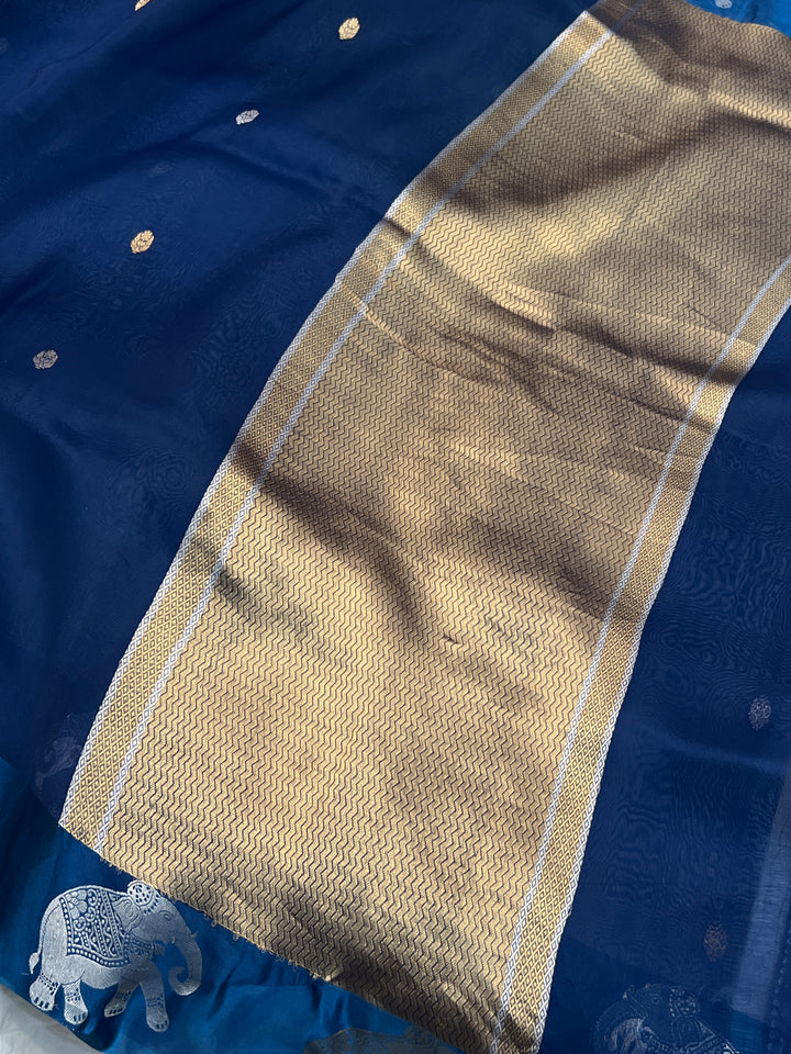 Teal Blue Pure Kora Silk Handloom Banarasi Saree