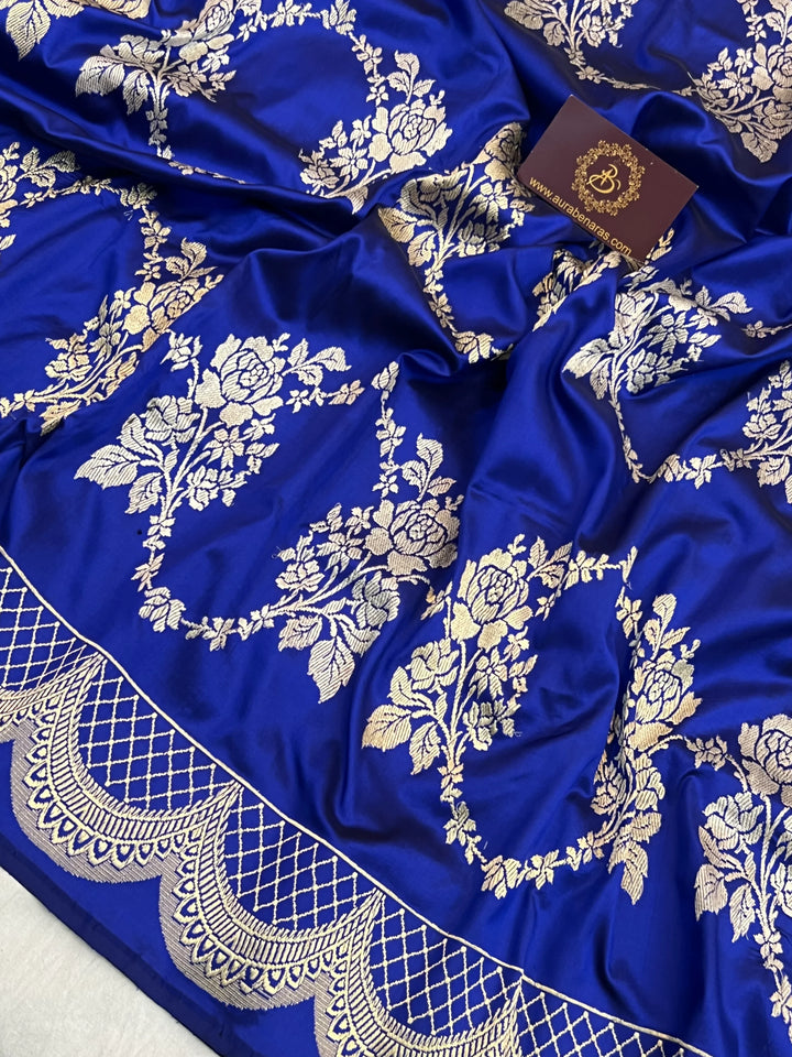 Royal Blue Pure Katan Silk Banarasi Saree with Kadhwa Floral Butas