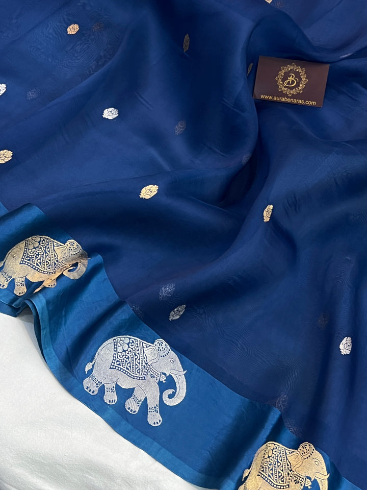Teal Blue Pure Kora Silk Handloom Banarasi Saree